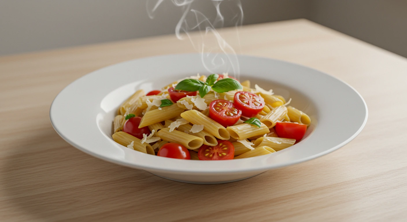 Schnell nudeln Pasta mit Tomaten, Basilikum und Parmesan in einer weißen Schüssel