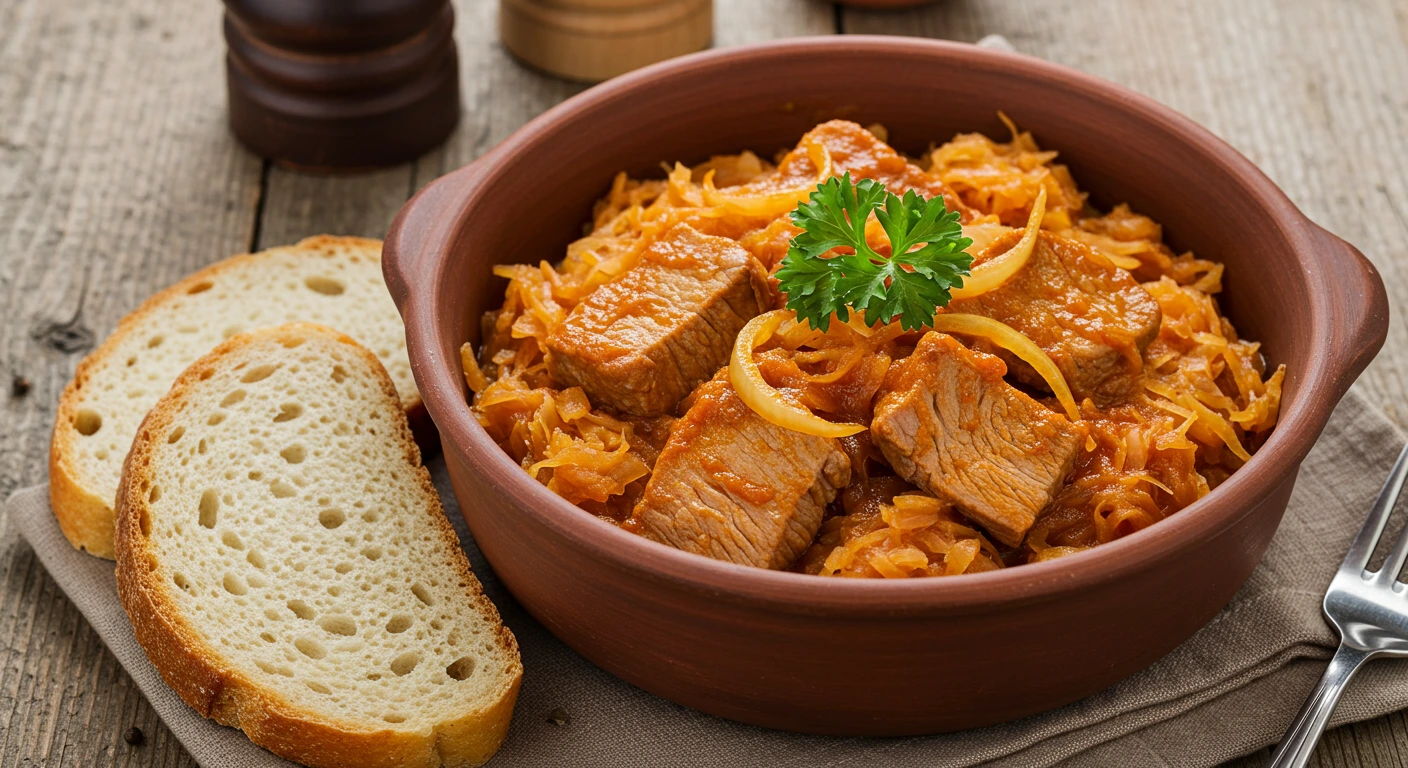 Szegediner Gulasch served in a rustic bowl with sauerkraut and pork in rich paprika sauce