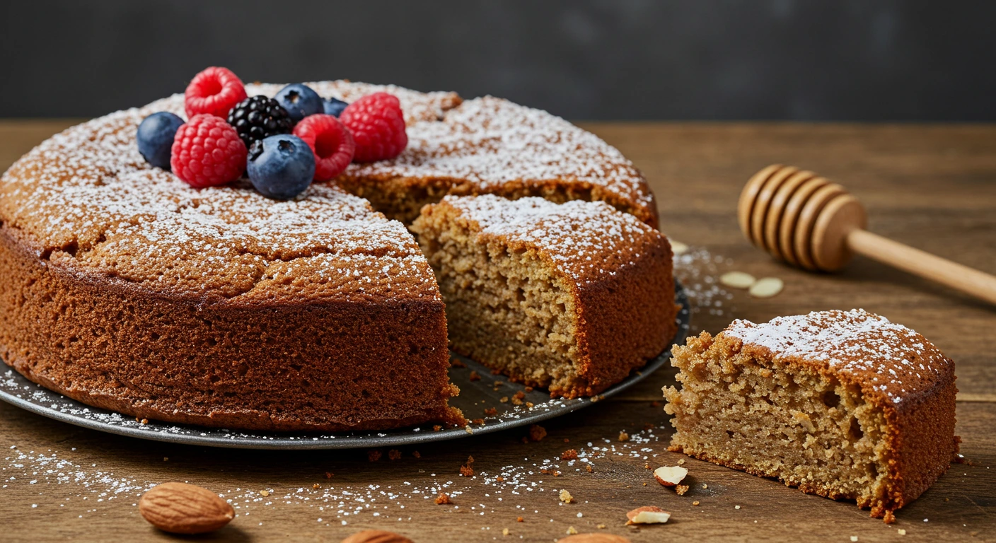 Glutenfreier Kuchen mit Beeren und Puderzucker auf rustikalem Holztisch