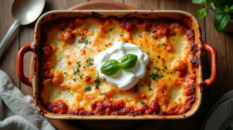 Frisch gebackene Lasagne mit Crème Fraîche und Kräutern im Auflaufform auf einem Holztisch