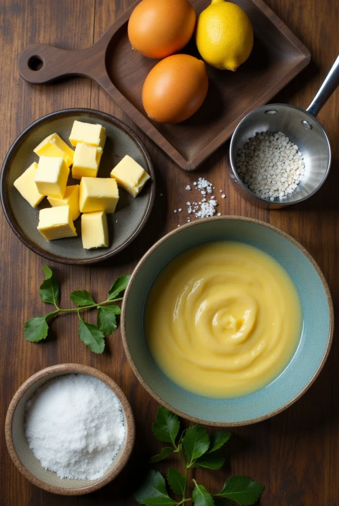 Frische Zutaten für selbstgemachte Sauce Hollandaise aus der Vogelperspektive – Eier, Butter, Zitrone und Gewürze auf einem rustikalen Holztisch.