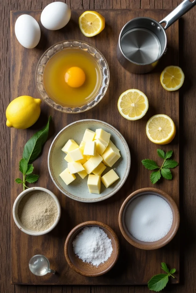 Frische Zutaten für selbstgemachte Sauce Hollandaise aus der Vogelperspektive – Eier, Butter, Zitrone und Gewürze auf einem rustikalen Holztisch.